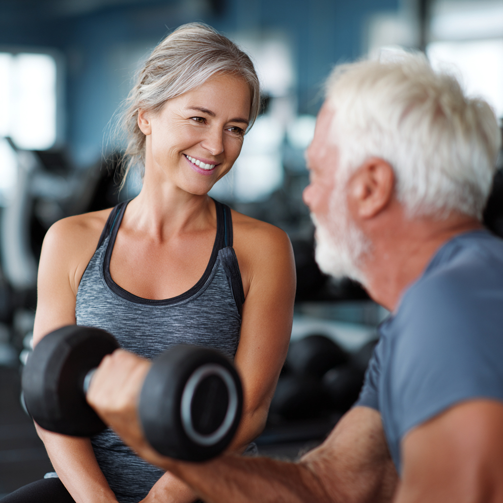 Experienced female fitness trainer helping senior adults