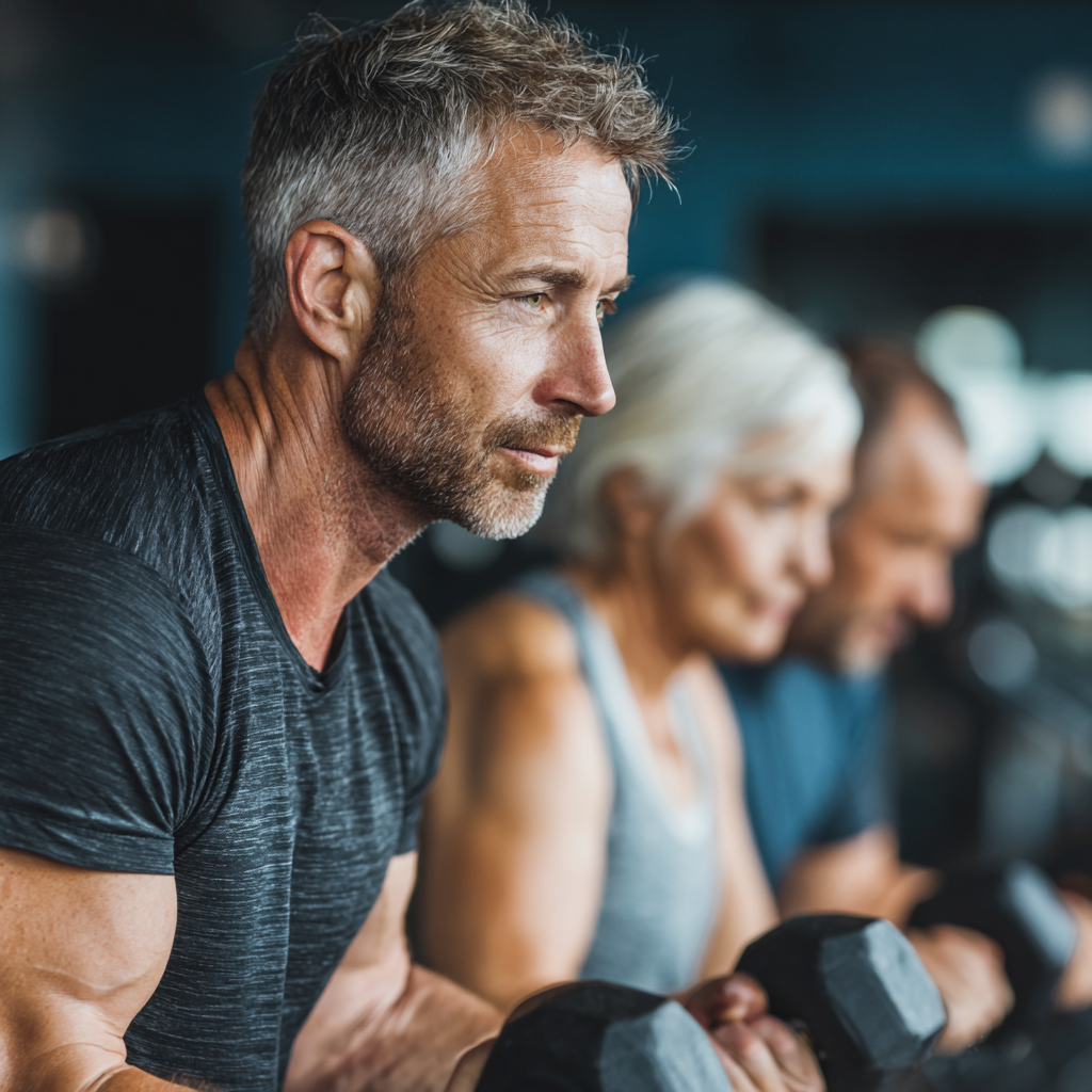 Male strength training coach working with mature adults