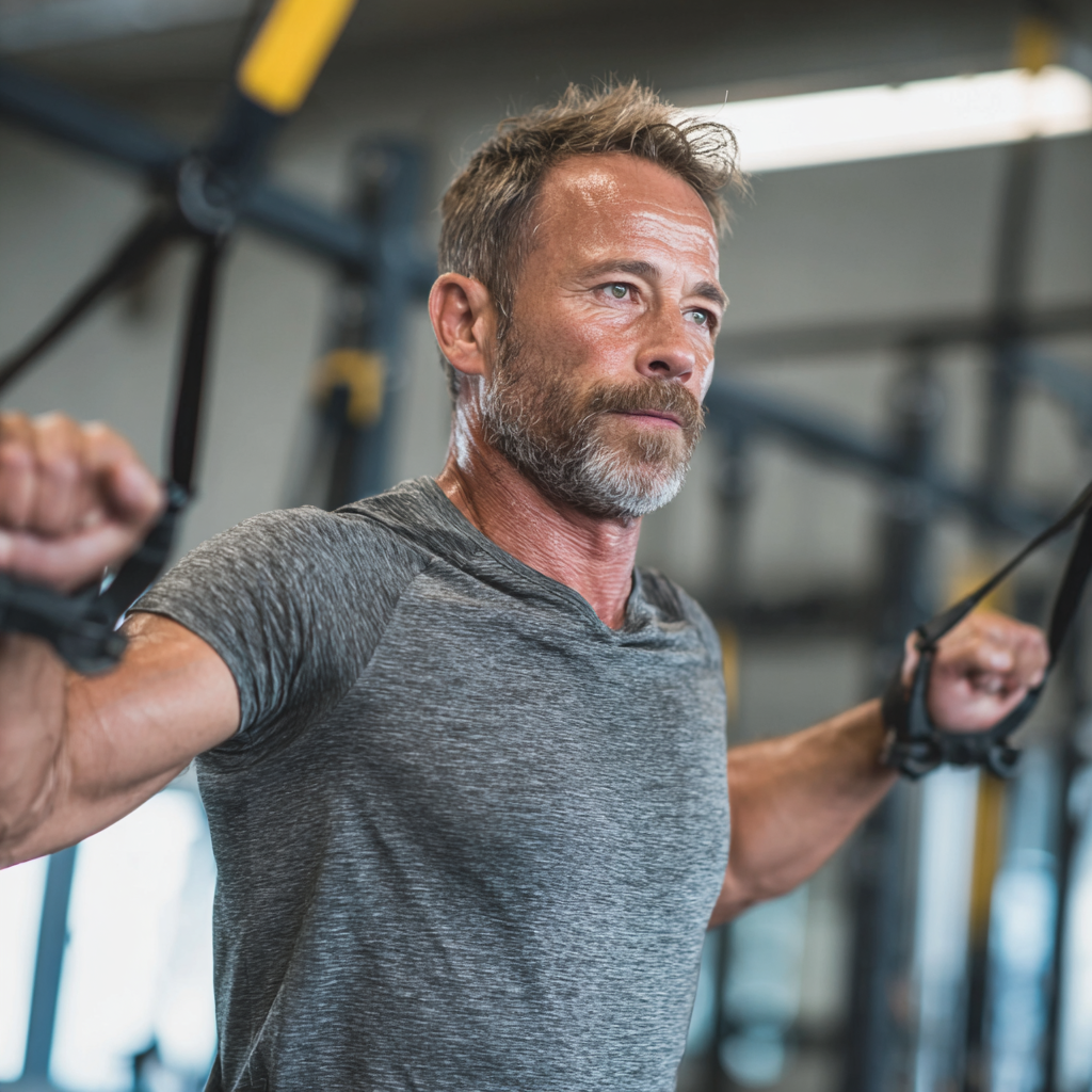 Middle-aged man practicing functional training with enthusiasm
