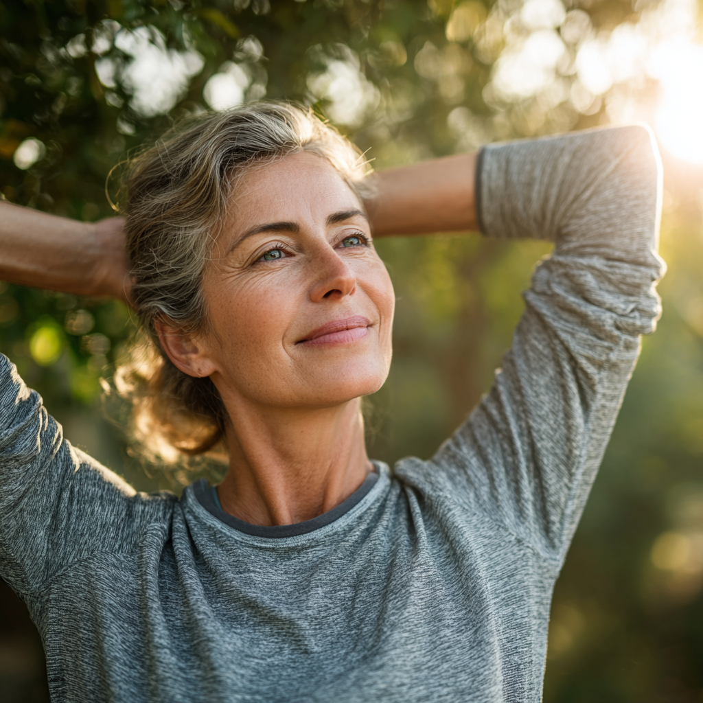 Middle-aged woman stretching outdoors in peaceful environment